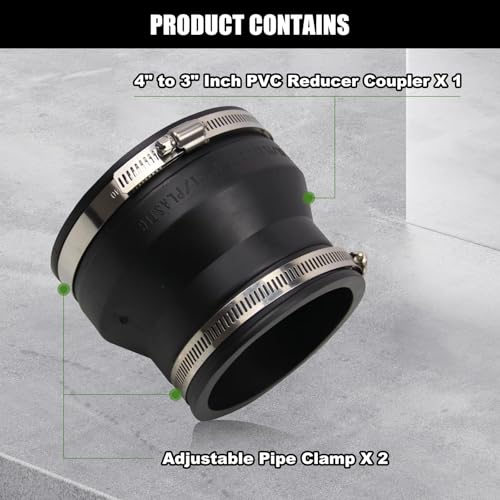 Image of 4 inch to 3 inch Inch Black PVC Reducer Coupler with 2pcs Clamps RV Plumbing compatible with PVC Pipe Coupler Adapter RV Sewer Connection