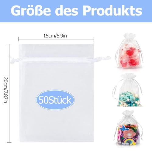 50 Stück Organzasäckchen, 15 x 20 cm Geschenkbeutel, Organza-Beutelchen mit Kordelzug, Transparent Hochzeit Organzabeutel für Hochzeiten Weihnachtsgeschenke Süßigkeiten Gastgeschenke