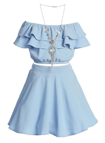 Image of Cold Shoulder Crop Top Ruffle Layered Top Flower Girl Skirt Sets for Girl