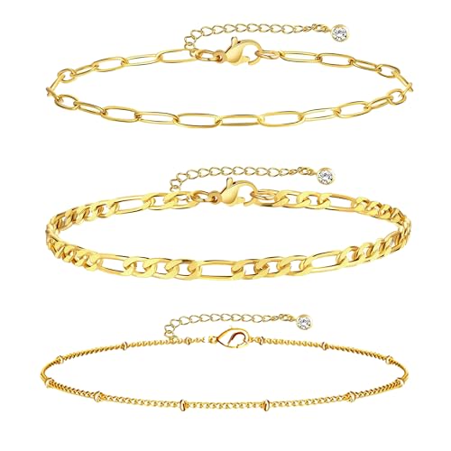 Frigotine Dainty Gold Layered Anklet Waterproof Stacks Set for Women,3PCS Trendy non-Tarnish Paperclip Beads Link Stackable Rhinestone Ankle Bracelet Summer Beach Fashion Jewelry Gift
