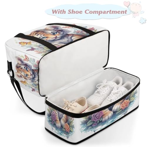 Travel Duffel Bags Cut Tiger Butterfly Foldable Weekender Bags for Women with Shoes Compartment Waterproof & Tear Resistant Carry on Overnight Luggage Duffel Bag Shoulder Sports Tote Bag,A-5094