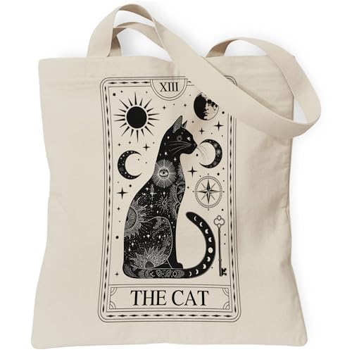 TOTEUSVIA Tarot Card Cat Tote Bag, Black Cat and Tarot Card Bag, Gift for Cat Lovers Canvas Bag with Inner Pocket