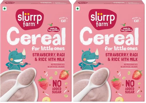 Image of Slurrp Farm Cereal, Ragi, Rice and Strawberry with Milk, Instant Healthy Food, NO Added Sugar, Mildly Sweetened with Date Powder, 200 g (Pack of 2)