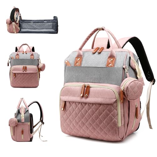 Diaper Bag with Changing Station, Waterproof 3 in 1 Baby Diaper Backpack with Foldable Changing Pad, Pink-Grey