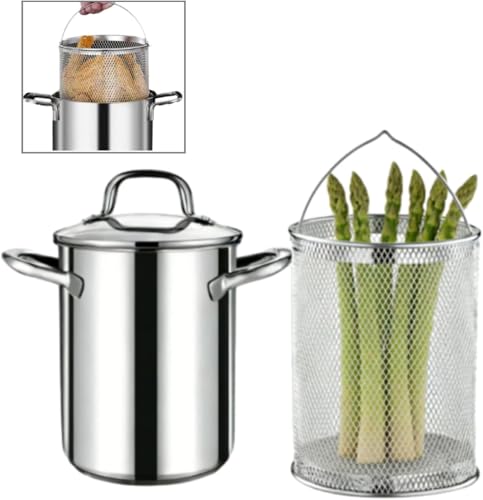 4L Stainless Steel Asparagus & Pasta Cooker with Strainer & Lid - Multi-functional Kitchen Cookware for Noodles, Spaghetti, Deep Frying, Dishwasher Safe, High Capacity