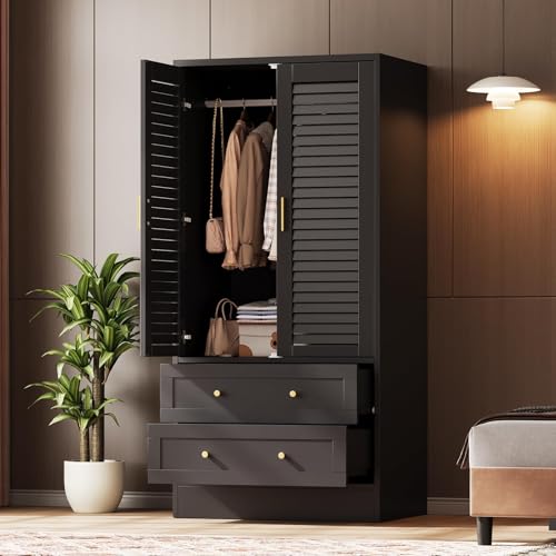 65" Louvered Armoire Wardrobe Closet, Wood Clothing Storage Cabinets with 2 Doors and 2 Drawers, Wooden Wardrobe Closet with Hanging Rod for Bedroom,
