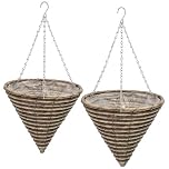 Quickdraw 2 x Cone Rope Hanging Baskets 12” – Outdoor Planters with Liner & Chains – Weather Resistant Flower Pots for Garden Plants & Flowers