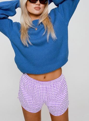 Image of Chunoy Women's Plaid Boxer Shorts Summer Casual Gingham Pajama Bottoms Short with Pockets