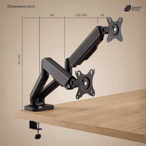 Image of Green Soul Dual Monitor Gas Spring Stand|Fits 13-32 inch Screen|9Kg Weight Capacity|Height Adjustable Desk Mount, VESA Plate, Grommet & C-Clamp Base|Monitor Riser for Desk|Tilt, Swivel & Rotation|Black