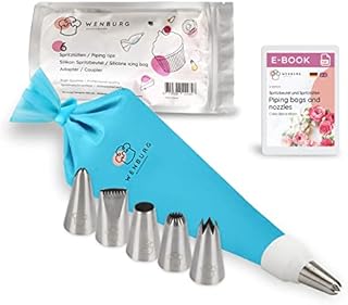 Wenburg Basic Piping Nozzles Set - 6 Large Icing Tips - 35cm Silicone Piping Bag - Adapter, Professional Stainless Steel Attachments for Cakes, Pies, Cookies Decoration (Basic)