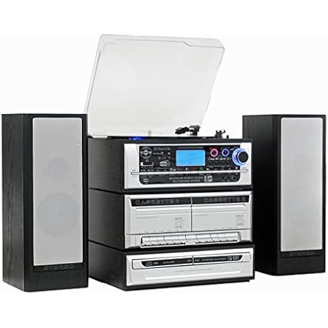 Steepletone BRITANNIA Music Stack System, CD RECORDING, 9-in-1 Modular Music System. Vinyl Record Turntable, Twin CD, Twin Cassette, MP3, USB, FM/DAB Radio, AUX, Remote, Bluetooth Receive/Transmitting Cover