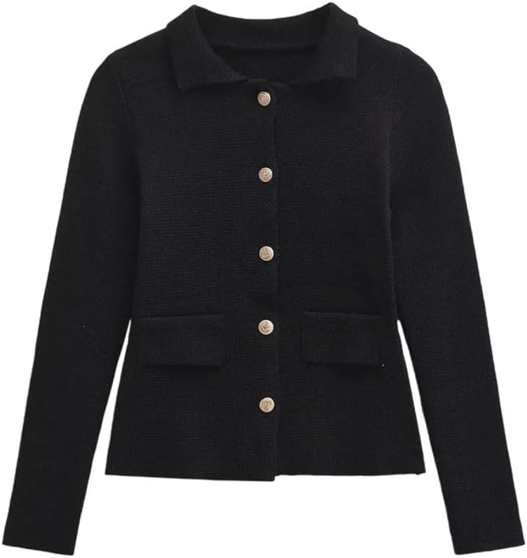 Women's Chic Buckle Decoration Flip Collar Basic Knitted Sweater,Long Sleeve Button Coat Office Lady