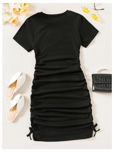 OYOANGLE Girl's Heart Print Short Sleeve Ruched Dress Crew Neck Drawstring Bodycon Casual Dresses2