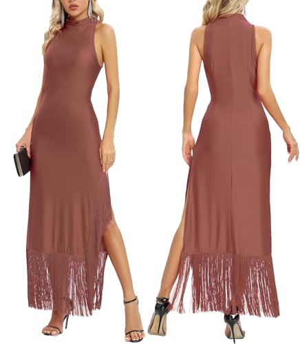 Image of Aigeman Women Vintage Flapper Dresses 1920s Great Gatsby Halter Fringed Maxi Dress Tassels High Split Formal Dress 19