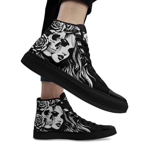 Mens Womens Gothic Skull Rose High Top Canvas Sneakers Punk Rock Floral Cool Lace-Up Casual Shoes Edgy Streetwear Aesthetic 6