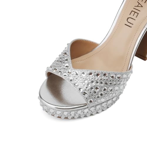 Image of TEAIEUI Pearl Platform Heels for Women, Peep Open Toe Block Heeled Sandals | 4.7 Inch Chunky High Heels, Wedding Shoes with Ankle Strap, Bridal Sandals, for Party, Prom, Evening