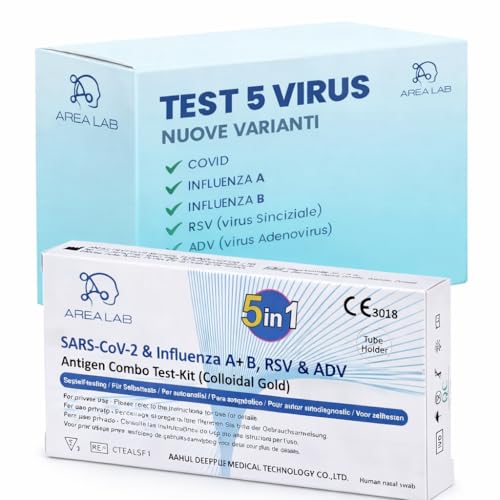Tampone Influenza A/B – Test Antigenico Rapido 5 Virus in 1 | Influenza A B, COVID-19, Virus Sinciziale (RSV) e Adenovirus (ADV) | Per Adulti e Bambini | Registrato Ministero della Salute | Marchio CE