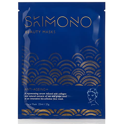Anti-Ageing Moisturising Face Mask - Advanced Bio-Cellulose Sheet with Collagen, Oat & Grapeseed Extract - Hydrating Facial for Wrinkle Reduction, Vegan, Cruelty-Free by SKIMONO (1 Pack)