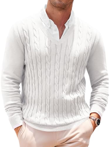Runcati Mens V Neck Sweater Cable Knit Long Sleeve...