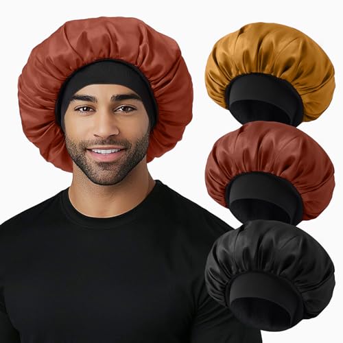 3 gorros de satén para hombre, para dormir, banda elástica suave, capó de seda para dormir para trenzas de cabello rizado (color 04), color 04, talla única