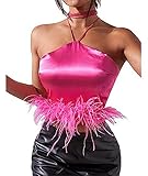 xxxiticat Women's Furry Tank Top Sleeveless Halter Lace Up Open Back Faux Fur Tube Shirt Party Satin Slip Feather Crop Top(RO,M) Rose