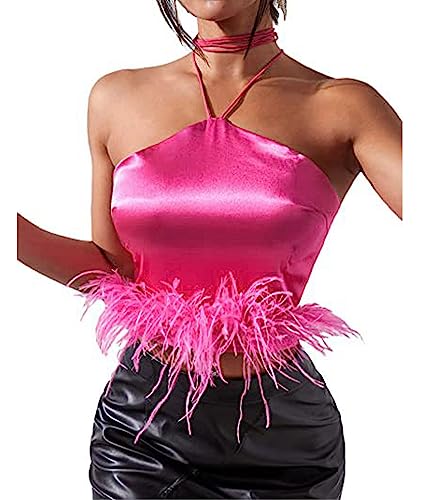xxxiticat Women's Satin Halter Crop Top Faux Feather Camis Tank Shirt RO-M