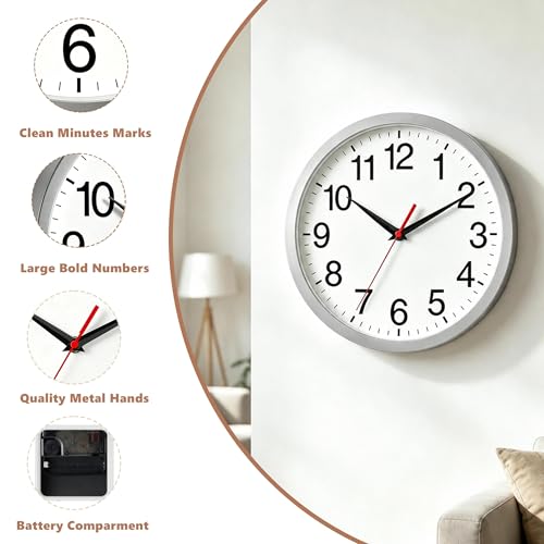 Image of Rohioue 12 Inch Wall Clock, Modern Battery Operated Wall Clocks, Silent Non Ticking Analog Clock for Bedroom, Kitchen, Bathroom, Office, Home, Living Room (Silver)