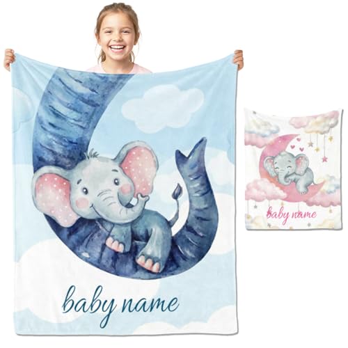 Image of Personalized Baby Blanket with Name, Custom Name Blanket for Kids Soft Flanne Blankets in Easter Personalized Baby Gifts for Infant Newborn Shower (Elephant)