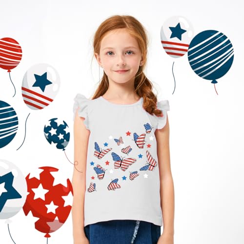 Little Hand Girls 4th of July Shirt Toddler American Flag Shirts USA Flag Tee Kids Patriotic Ruffle Sleeve T-Shirt 2-7 Years2