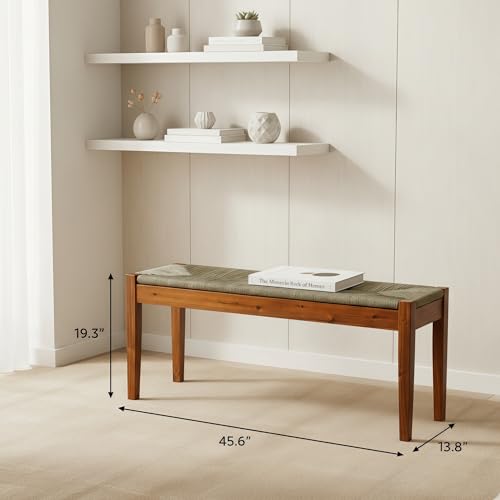 Image of Solid Wood Acacia Indoor Bench with Natural Woven Seat, 45 Inch Wood Bench for Living Room or Entryway, Bedroom End of Bed Bench or Dining Benches, Window Bench