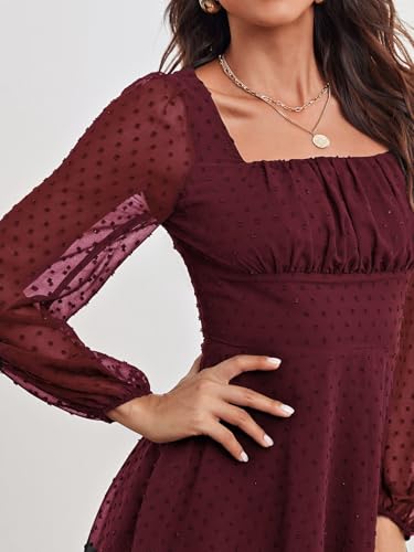 Image of Women's Polka Swiss Dots Square Neck Dress Lantern Long Sleeve Dress for Women Chiffon Mini Dress
