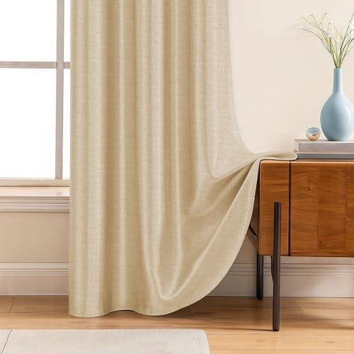 Image of LINENWALAS 100% Blackout Curtains for Window (5 Feet) - Set 2 Panels Linen Texture with Geometric Floral Pattern Complete Light Blocking with Thermal Insulated, Nose Reducing Backing (Jute Beige)