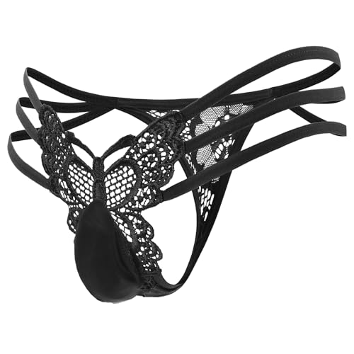 Bommi Fairy Tanga pour homme avec bordure en dentelle creuse papillon, string sexy taille basse avec poches, cadeau amusant, Noir , taille unique
