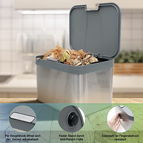 YourCasa® Biomülleimer Küche 4,3 L aus Edelstahl - geruchsdichter Bio Mülleimer mit Deckel & spülmaschinenfestem Inneneinsatz - hochwertiger Komposteimer & Biomüll Behälter klein (Grau)