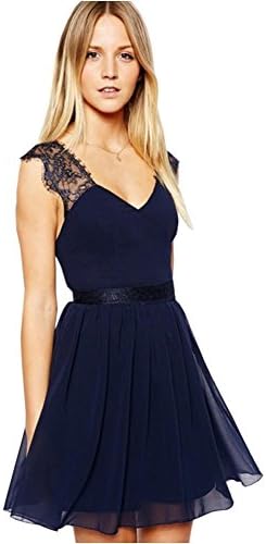 Women Chiffon Navy Blue V Neck Backless Lace Strap Party Short Dress (M)