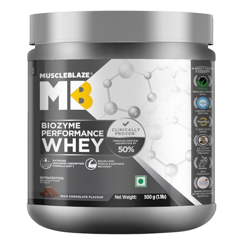 Image of MuscleBlaze Biozyme Performance Whey Protein Powder, Rich Chocolate (500g / 1.1lbs) | 25g Protein Per Scoop | Clinically Tested 50% Higher Protein Absorption
