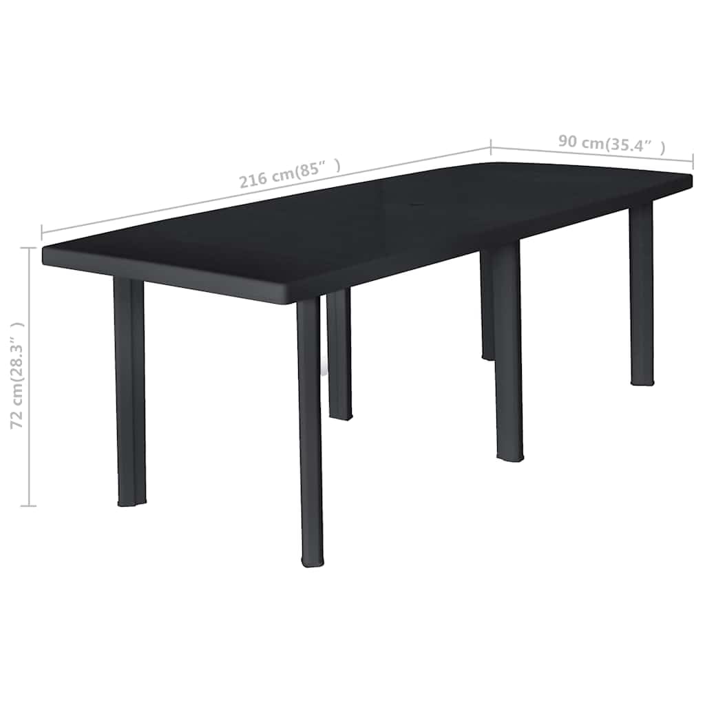 Stół ogrodowy, antracyt, tworzywo sztuczne, 216 x 90 x 72 cm, z otworem na parasol, odporny na warunki atmosferyczne i łatwy w pielęgnacji, na taras, balkon, do użytku na zewnątrz, stabilny