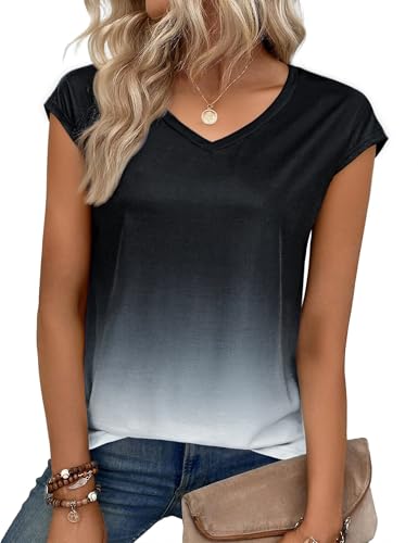 Aottori Camiseta Manga Corta Mujer Verano Cuello V Tie Dye Camiseta Básica Interior Suave Suelta Ajustada Estirada Tunica Casual Top Negro L