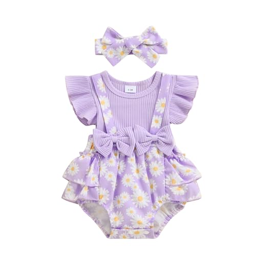 Image of Newborn Baby Girl Outfit Fly Sleeve Floral Romper Dress Headband Infant Cute Summer Clothes Set