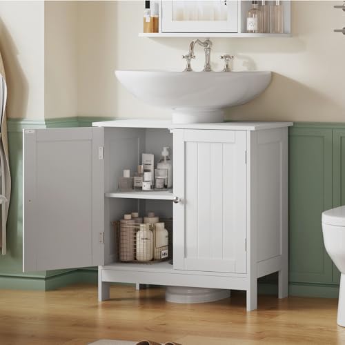 Image of TEENFON Pedestal Sink Storage Cabinet, Under Sink Cabinet with 2 Doors & Shelf, Under Bathroom Sink Cabinet, Pedestal Sink Storage for Bathroom, White