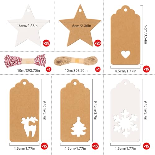 Orifinter Geschenkanhänger Weihnachten, 100 Stück Weihnachtsanhänger, Anhänger Weihnachten in 6 verschiedenen Formen, Perfekt für Geschenkband, Geschenk, Likörflaschen, Stempel, Geschenktüten