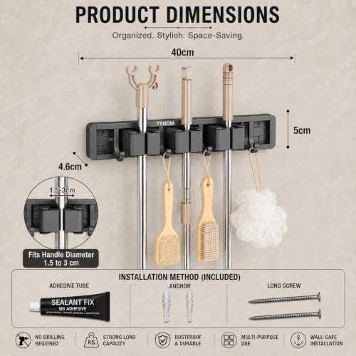 Image of TENOM Broom Holder Wall Mount, Space Aluminium Rust Proof Mop Holder, Broom Stick Holder Wall Mounted with Hooks, Mop Hanger for Kitchen, Bathroom & Home