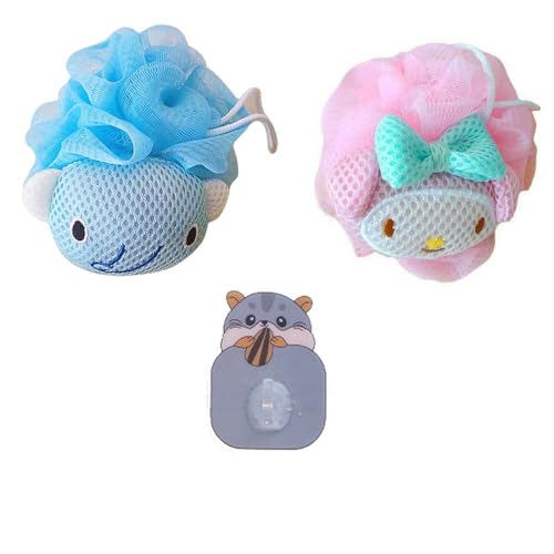 Anime Beauty Sponges Cute Bath Loofah for Women Premium Cartoon Shower Ball Loofah with Handle Beauty Bathing Accessories Pink Bunny Cat Anime Cleaning Sponges 2 Pack