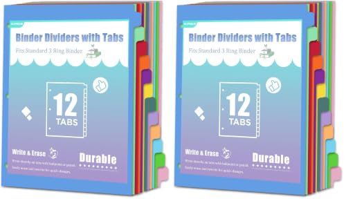 Image of 12-Tab Binder Dividers with Tabs for 3 Ring Binder, Write & Erase, Monthly Dividers for 8.5 x 11'' Letter Size Papers, Assorted Color, 1 Set (Pack of 2)