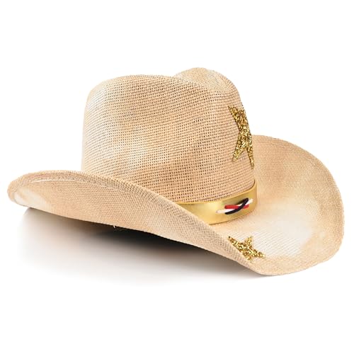 Image of Western Straw Cowboy Hats for Men & Women, Wide Shapeable Brim Cowgirl Sun Hat