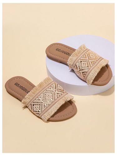 OYOANGLE Girl's Boho Fringe Braided Sandals Open Toe Slip on Summer Flats Vacation Casual Slides4