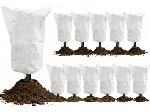 EAONE 12 Pack Plant Covers Freeze Protection, 32x47'' Winter Frosts Cloth for Outdoor Plants, Reusable Frost Blankets Drawstring Bags for Cold Freeze Sun Protection Bird Insect Prevention,White