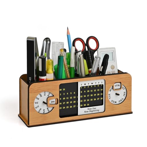 Image of GKD Wooden Desk Organizer with Lifetime Perpetual Calendar | 4 Compartment Pen Stand & Stationery Holder for Office Desk, Study Table Accessories, Home Workspace Organizer