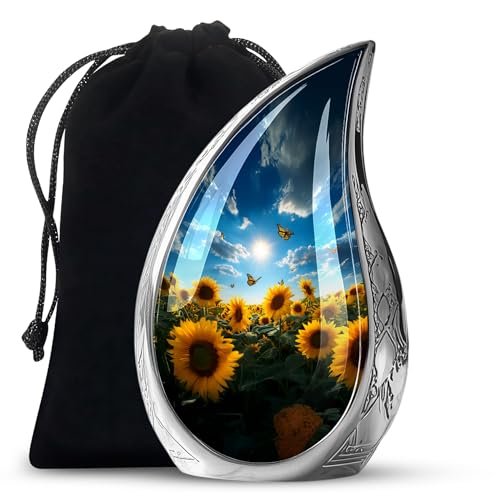 Image of Teardrop Butterfly with Sunflower Urn for Human Ashes - Funeral Urns for Human Ashes Adult - Large Sunflower Urns for Adult Man and Women - Cremation Decorative Urn for Mom and Dad 10inch
