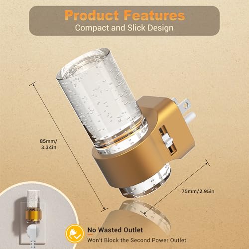 Image of JandCase Night Lights Plug into Wall, Gold Night Light with 3 Colors, 2 Pack Dimmable Plug in Nightlight, Dusk to Dawn Sensor, Adjustable Brightness, 3000K /5000K /Amber for Bathroom Hallway Home Decor
